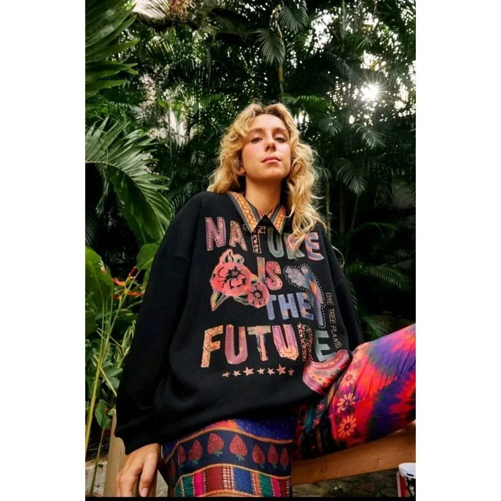 Farm Rio Nature Is The Future Sweatshirt Black Medium Oversized - Picture 1 of 8